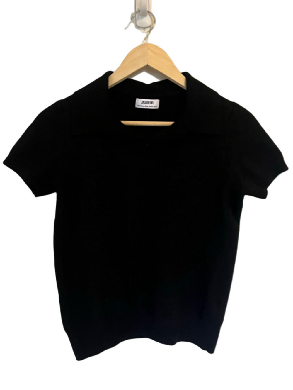 Jason Wu Black 100% Extra Fine Merino Wool Short Sleeve Polo Top Sweater Size S
